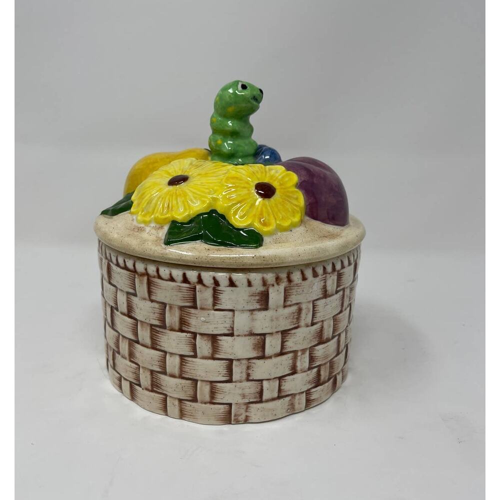 Ceramic Basket Canister Daisies & Caterpillar Lid - Vintage 1973 Pottery -Signed